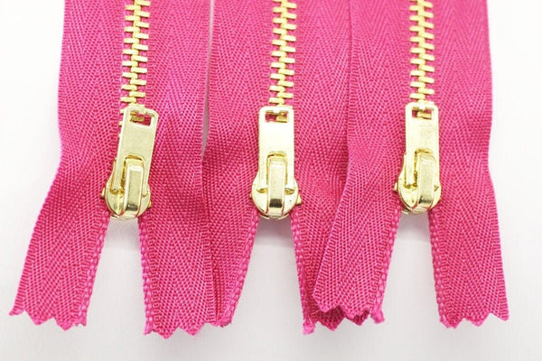 5 Pcs Fuschia Metal zippers with gold brass teeth, 18-100cm (7-40inch) zipper, Jean Zipper, dress zipper, lightweight zipper, MTZF