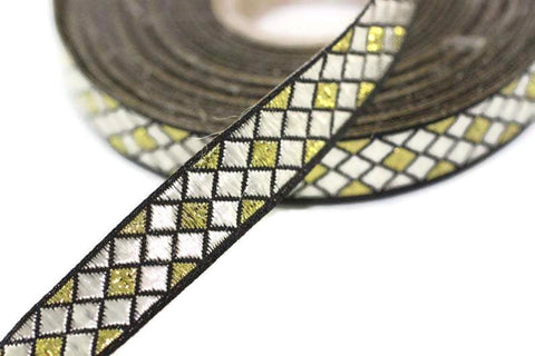 12 mm Gold/Silver Triangle Motive Jacquard border (0.47 inches), jacquard ribbon,  silvery ribbon, french ribbon, Jacquard trim, 12251