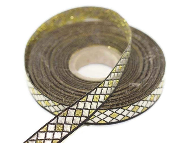 12 mm Gold/Silver Triangle Motive Jacquard border (0.47 inches), jacquard ribbon,  silvery ribbon, french ribbon, Jacquard trim, 12251