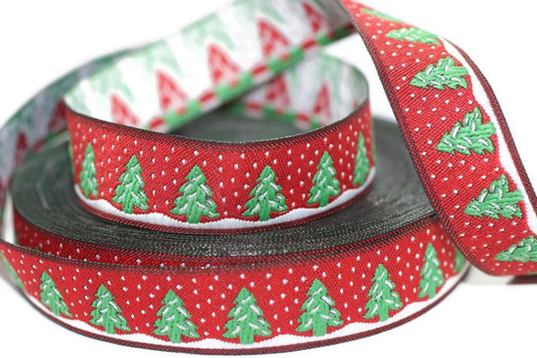 22 mm Red Christmas jacquard ribbons 0.62 inches, pine tree embroidered trim, Christmas trim, Christmas jacquards, Christmas border, 22482