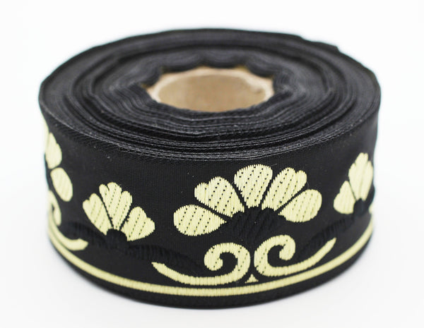 35 mm Gold&Black Jacquard ribbons 1.37 inches, daisy Style Jacquard trim, Jacquard ribbons