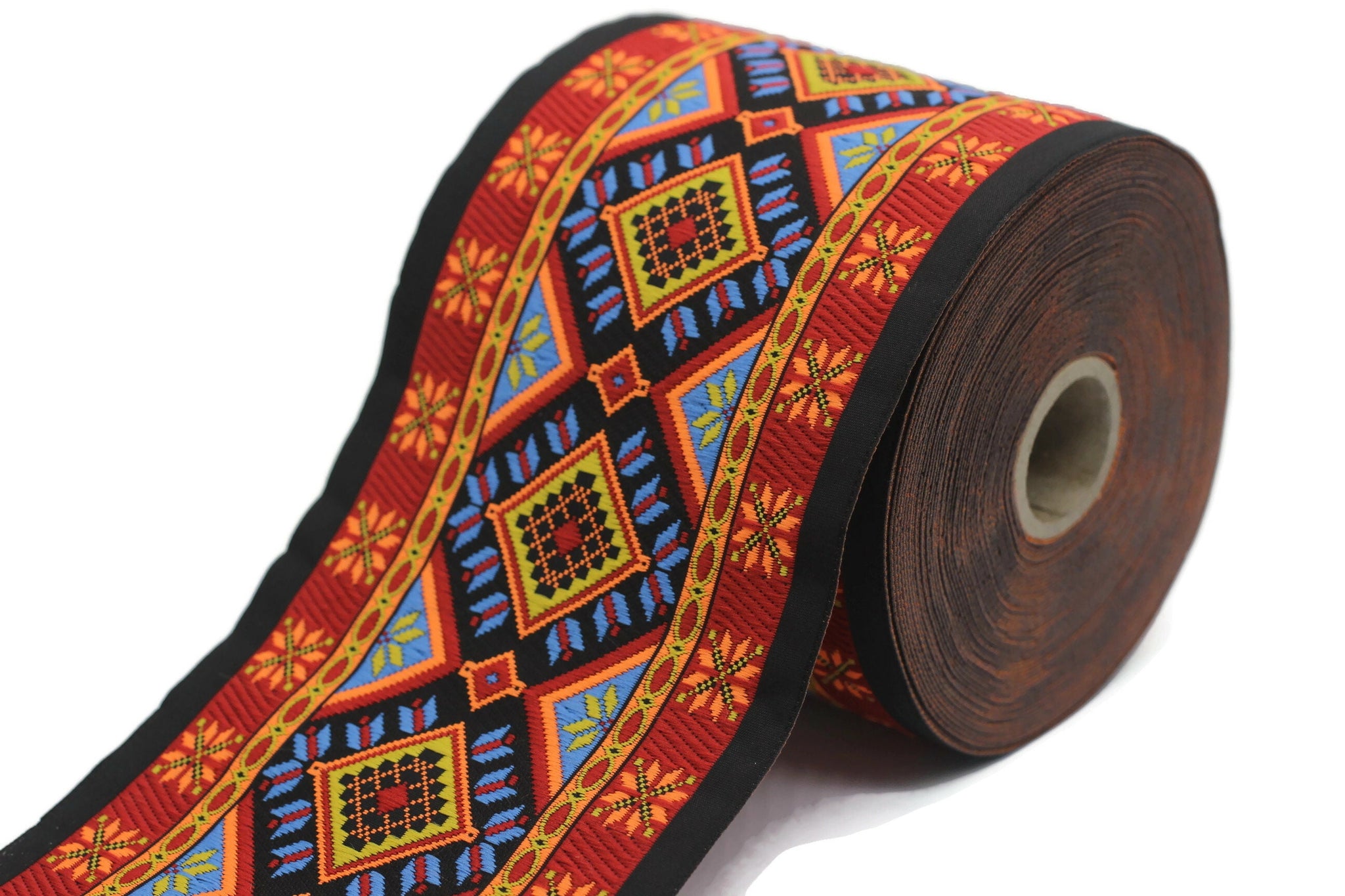 100 mm Colorfull Geometric Motif Ribbon (3.93 inches), Vintage Jacquard, Sewing Trim, Huge Trim, Large ribbon, making curtain, 100996