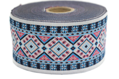 50 mm Blue Geometric Motif Ribbon (1.96 inches) , Vintage Jacquard, Sewing Trim, Huge Trim, Large ribbon, jacquard ribbon, bag strap, 50996