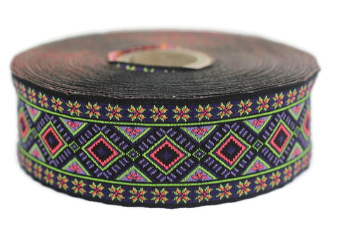 35 mm Green&Purple Geometric Motif Ribbon (1.37 inches), Vintage Jacquard, Sewing Trim, Huge Trim, Large ribbon, ribbon trim, 35996