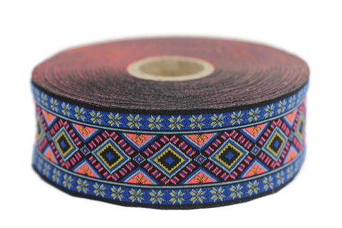 35 mm Blue Geometric Motif Ribbon (1.37 inches), Vintage Jacquard, Sewing Trim, Huge Trim, Large ribbon, Jacquard ribbons, 35996