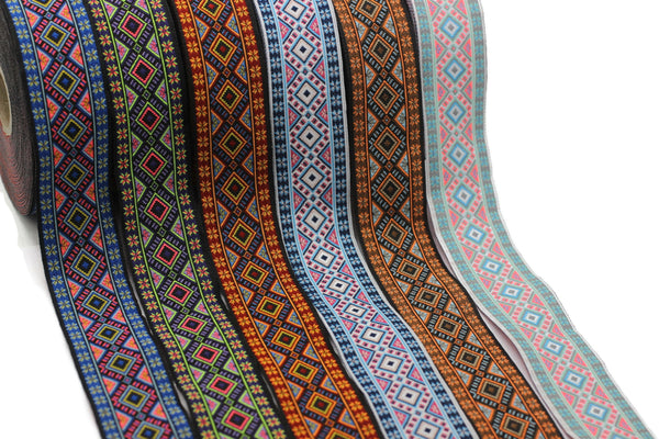 35 mm Colorfull Geometric Motif Ribbon (1.37 inches), Vintage Jacquard, Sewing Trim, Large ribbon, jacquard ribbon, bag strap, 35996