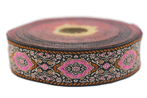 25 mm Pink  Medieval Motive Woven Border (0.98 inches), jacquard ribbon, Embroidered ribbon, Sewing trim, Scroll Jacquard trim, 25589