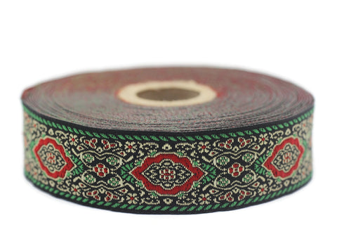25 mm Green Medieval Motive Woven Border (0.98 inches), jacquard ribbon, Embroidered ribbon, Sewing trim, Scroll Jacquard trim, 25589
