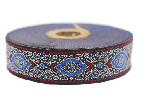 25 mm Blue Medieval Motive Woven Border (0.98 inches), jacquard ribbon, Embroidered ribbon, Sewing trim, Scroll Jacquard trim, 25589