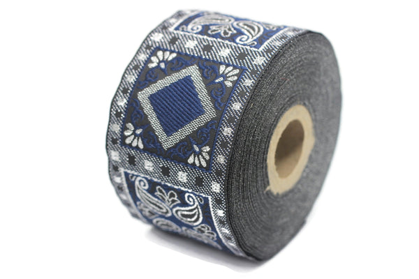 50 mm Blue/Silver Geometric Jacquard trim (1.96 inches), vintage Ribbon, Decorative Craft Ribbon, Sewing, Jacquard ribbon, Trim, 50587