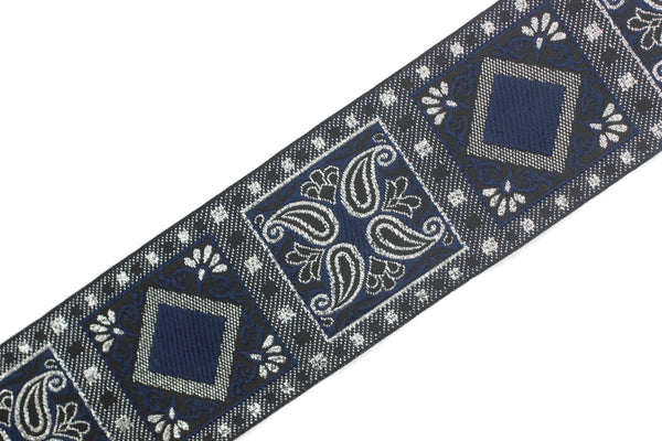 50 mm Blue/Silver Geometric Jacquard trim (1.96 inches), vintage Ribbon, Decorative Craft Ribbon, Sewing, Jacquard ribbon, Trim, 50587