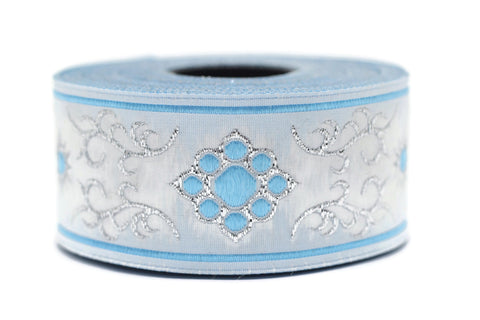 35 mm metallic Blue/White jacquard ribbons (1.37 inches, native american embroidered trim, woven trim, woven jacquards, woven border, 35806