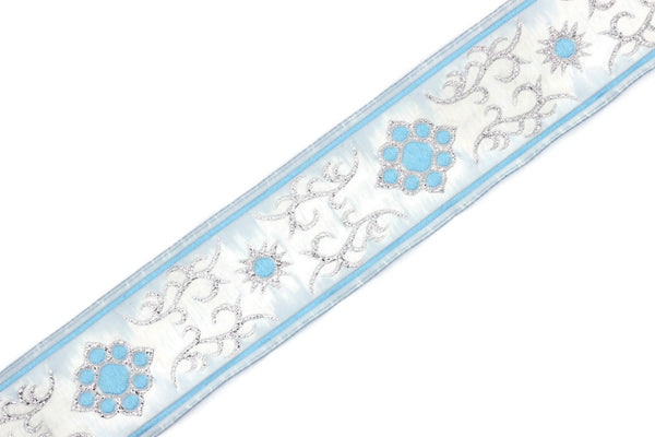 35 mm metallic Blue/White jacquard ribbons (1.37 inches, native american embroidered trim, woven trim, woven jacquards, woven border, 35806