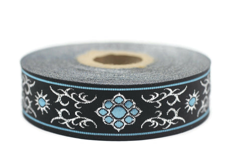 22 mm metallic Blue/Black jacquard ribbons (0.86 inches, native american embroidered trim, woven trim, woven jacquards, woven border, 22806