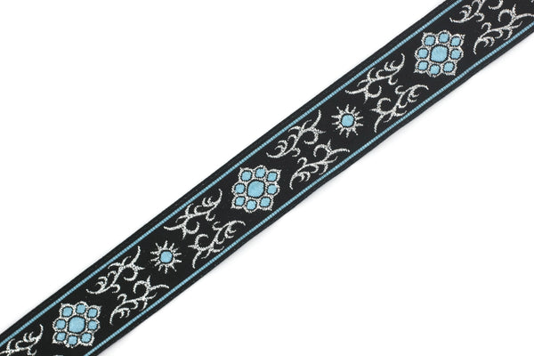 22 mm metallic Blue/Black jacquard ribbons (0.86 inches, native american embroidered trim, woven trim, woven jacquards, woven border, 22806