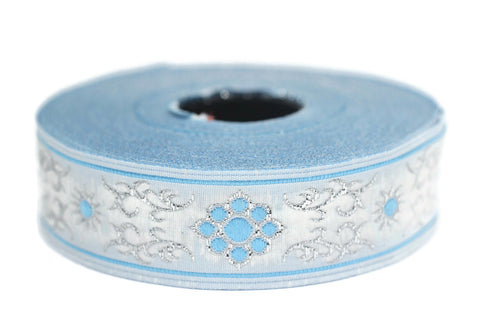 22 mm metallic Blue/White jacquard ribbons (0.86 inches, native american embroidered trim, woven trim, woven jacquards, woven border, 22806