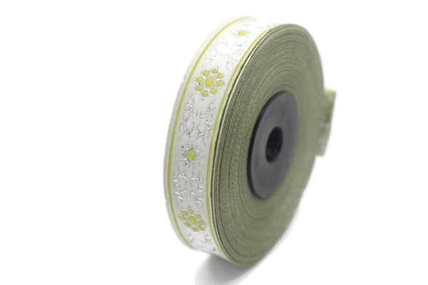 16 mm metallic Green jacquard ribbons, (0.62 inches, embroidered trim, woven trim, woven border, wowen ribbon, trimming, sewing trim, 16806