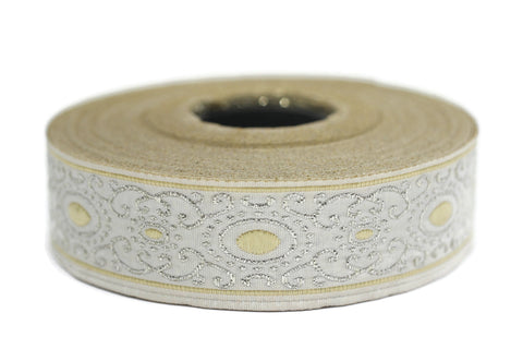 22 mm yellow/white authentic Jacquard ribbon (0.86 inches), woven ribbon, authentic ribbon, Sewing, Scroll Jacquard trim, 22805