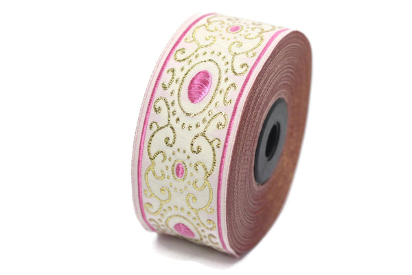 35 mm Pink authentic Jacquard ribbon (1.37 inches), woven ribbon, authentic ribbon, Sewing, Scroll Jacquard trim, dog collar supply, 35805