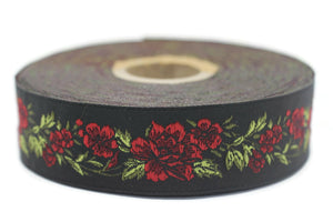 25 mm Red / Black Floral Jacquard trim (0.98 inches, vintage Ribbon, Decorative Craft Ribbon, Floral Jacquard Ribbon Trim, ribbon, 25096