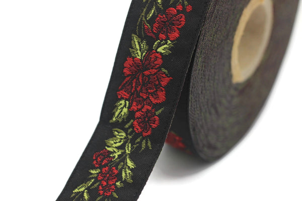 25 mm Red / Black Floral Jacquard trim (0.98 inches, vintage Ribbon, Decorative Craft Ribbon, Floral Jacquard Ribbon Trim, ribbon, 25096