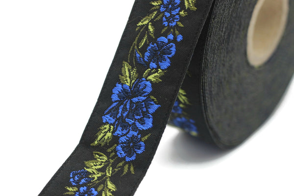SALE 25 mm Blue / Black Floral Jacquard trim (0.98 inches, vintage Ribbon, Decorative Craft Ribbon, Floral Jacquard Ribbon Trim 25096