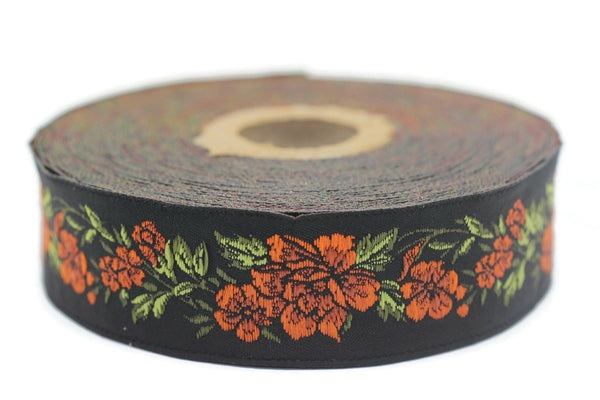 25 mm Orange / Black Floral Jacquard trim (0.98 inches, vintage Ribbon, Decorative Craft Ribbon, Floral Jacquard Ribbon, Trim, ribbon, 25096