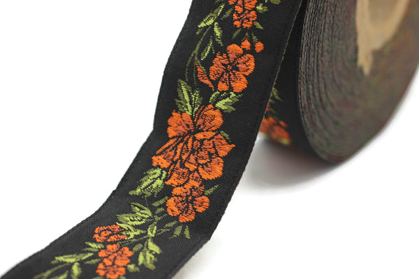 25 mm Orange / Black Floral Jacquard trim (0.98 inches, vintage Ribbon, Decorative Craft Ribbon, Floral Jacquard Ribbon, Trim, ribbon, 25096