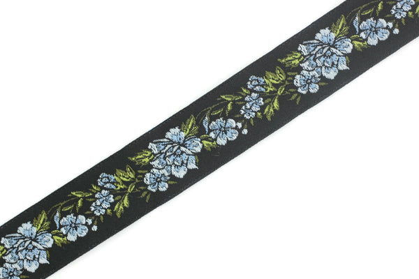 25 mm Sky Blue/Black Floral Jacquard trim, 0.98 inches, vintage Ribbon, Decorative Craft Ribbon, Floral Jacquard Ribbon, Trim, ribbon, 25096