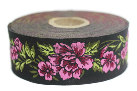 35 mm Pink / Black Floral Jacquard trims 1.37 inch, vintage Ribbon, Decorative Craft Ribbon, Floral Jacquard Ribbon,  Jacquard Trim, 35096