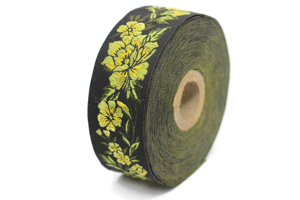 35 mm Yellow / Black Floral Jacquard trim (1.37 inches), vintage Ribbon, Decorative Craft Ribbon, Floral Jacquard Ribbon, towel trim, 35096