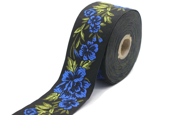 50 mm Blue/ Black Floral Jacquard trim (1.96 inches), vintage Ribbon, Decorative Craft Ribbon, Jacquard, Floral Jacquard Ribbon, Trim, 50096