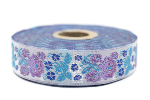 22 mm blue Floral Embroidered ribbon (0.86 inches), Vintage Jacquard, Floral ribbon, Sewing trim, Jacquard trim, Jacquard ribbon, 22097