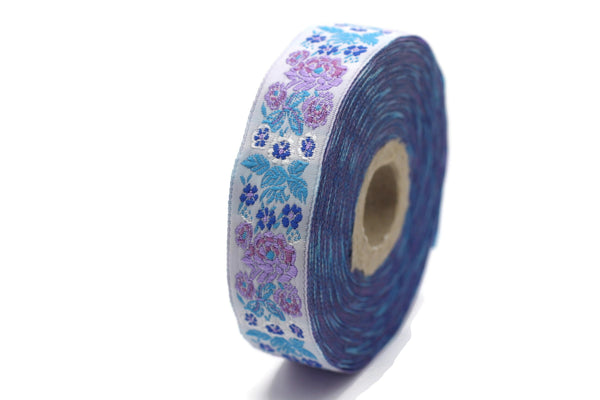 22 mm blue Floral Embroidered ribbon (0.86 inches), Vintage Jacquard, Floral ribbon, Sewing trim, Jacquard trim, Jacquard ribbon, 22097