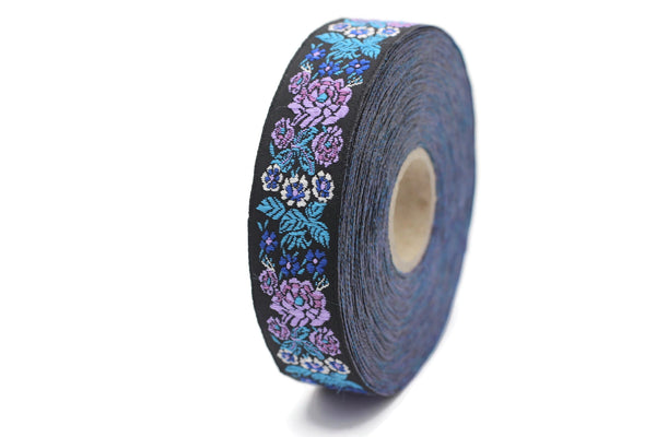 22mm Blue/Black Floral Embroidered ribbon (0.86 inches), Vintage Jacquard, Floral ribbon, Sewing trim, Jacquard trim, Jacquard ribbon, 22097