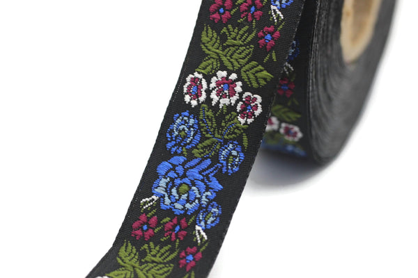 22 mm Blue Floral Embroidered ribbon (0.86 inches), Vintage Jacquard, Floral ribbon, Sewing trim, Jacquard trim, Jacquard ribbon, 22097