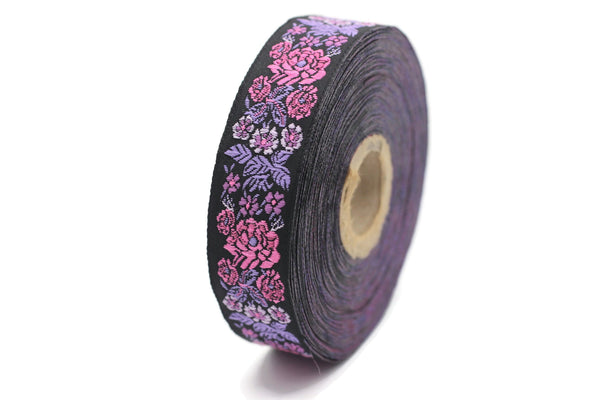 22 mm Purple/Black Embroidered ribbon (0.86 inches), Vintage Jacquard, Floral ribbon, Sewing trim, Jacquard trim, Jacquard ribbon, 22097