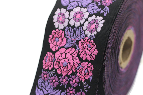 50mm Purple/Black Floral Embroidered ribbon, 1.96 inch,  Vintage Jacquard, Floral ribbon, Sewing trim, Jacquard trim, Jacquard ribbon, 50097