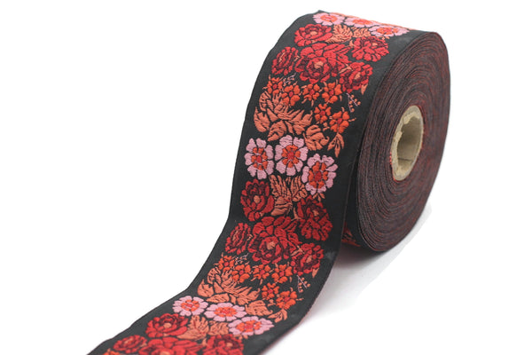 50 mm Red and Black Floral Embroidered Ribbon, Woven Trim 1.96 inch, Jacquard Ribbon, Woven Ribbon, Jacquard Border Trim,   50097