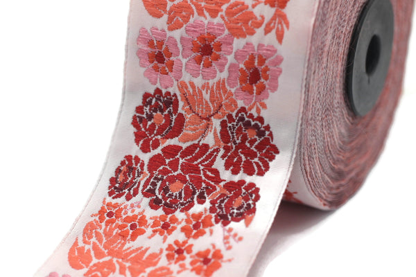 50 mm Red Floral Embroidered Ribbon Sewing Trim Craft Ribbon Jacquard Trim, Woven Trim Border 50097