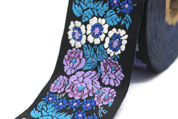 50 mm Blue/Black Floral Embroidered ribbon (1.96 inches, Vintage Jacquard, Floral ribbon, Sewing trim, Jacquard trim, Jacquard ribbon, 50097