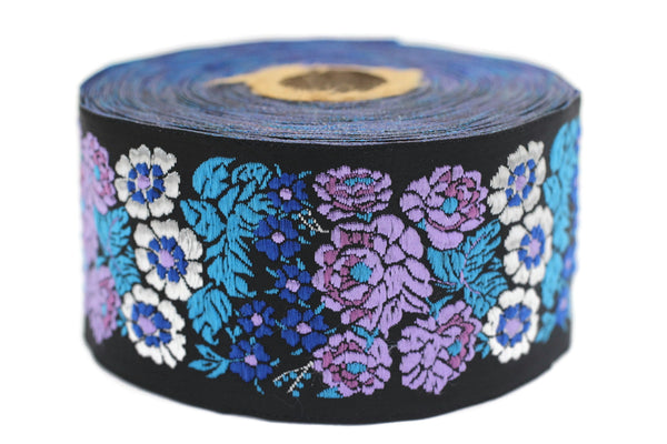50 mm Blue/Black Floral Embroidered ribbon (1.96 inches, Vintage Jacquard, Floral ribbon, Sewing trim, Jacquard trim, Jacquard ribbon, 50097