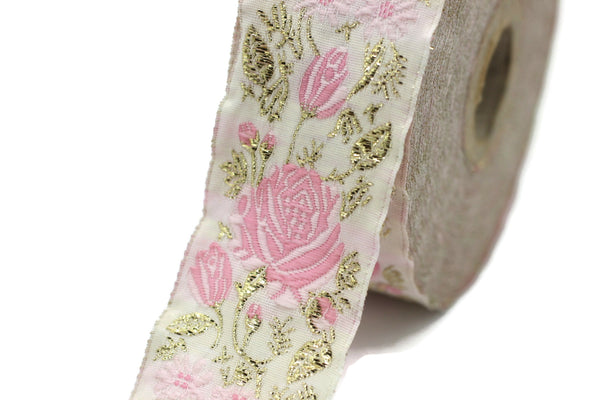 35 mm Pink / White Floral Jacquard trim (1.37 inches), Rose emboried Ribbon, Decorative Craft Ribbon, Jacquard Ribbon Trim, 35089