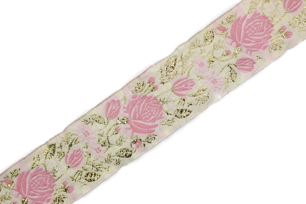 35 mm Pink / White Floral Jacquard trim (1.37 inches), Rose emboried Ribbon, Decorative Craft Ribbon, Jacquard Ribbon Trim, 35089
