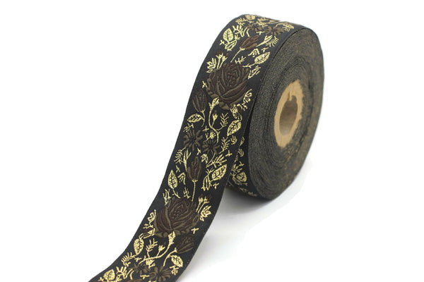 35 mm Brown / Black Floral Jacquard trim (1.37 inches), Rose emboried Ribbon, Decorative Craft Ribbon, Jacquard Ribbon Trim, 35089