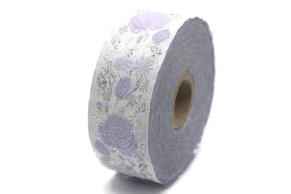 35 mm Purple / White Floral Jacquard trim (1.37 inches), vintage Ribbon, Decorative Craft Ribbon, Floral Jacquard Ribbon Trim, 35089