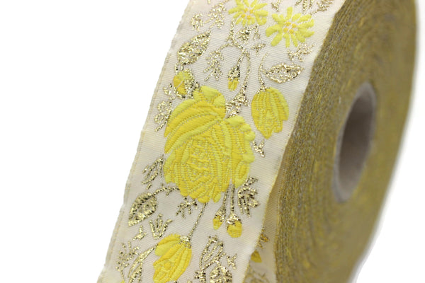 35 mm Yellow / White Floral Jacquard trim (1.37 inches), Rose emboried Ribbon, Decorative Craft Ribbon, Jacquard Ribbon Trim, 35089