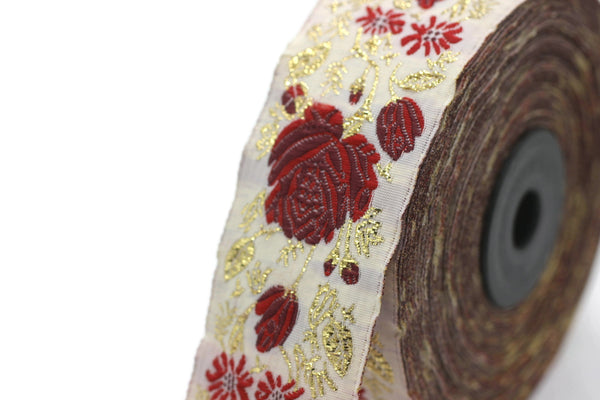 35 mm Red / White Floral Jacquard trim (1.37 inches) Rose emboried Ribbon, Decorative Craft Ribbon, Jacquard Ribbon Trim, 35089