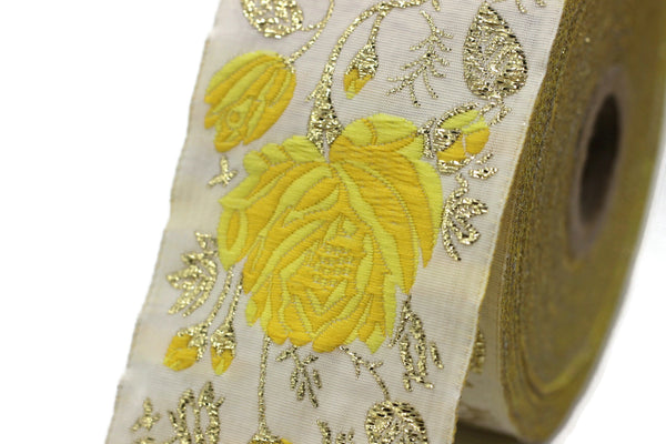 50 mm Yellow / White Floral Jacquard trim (1.96 inches), rose embroried Ribbon, Decorative Craft Ribbon, Jacquard Ribbon Trim, 50089