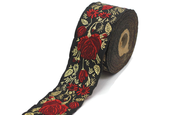 50 mm Red / Black Floral Jacquard trim, 1.96 inches, rose embroried Ribbon, Decorative Craft Ribbon, Jacquard Ribbon Trim, towel trim, 50089